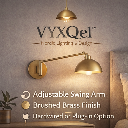VYXQel™ Nordic Arc Wall Sconce – Brushed Brass Swing Arm Light, Adjustable Wall Lamp, Modern Scandinavian Lighting Fixture