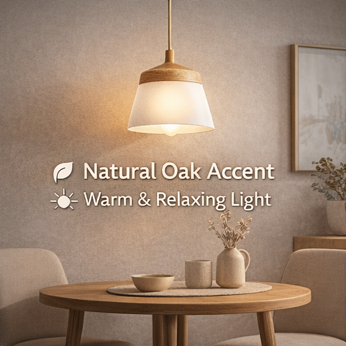 VYXQel™ Wood Accent Pendant Light – Scandinavian Hanging Lamp with Natural Oak Detail, Warm LED Ceiling Light